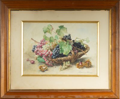 une peinture à l'huile représentant des raisins dans une corbeille posée sur une table
