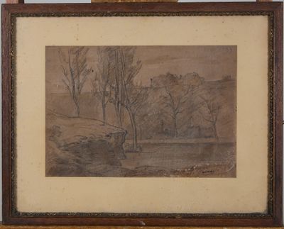 painting of a landscape with trees and a river in the foreground
