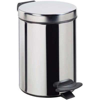 a close up of a stainless steel trash can on a white background