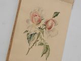 an open book with a drawing of two roses on it