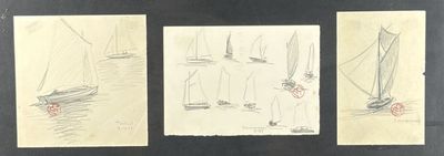 three drawings of sailboats on a body of water, one of which is still in the water