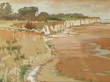 un tableau représentant une vue sur une plage depuis une falaise