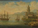 painting of a view of a harbor with ships in the water and a castle in the distance