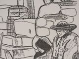 drawing of a man and a woman sitting on a bench in front of a stack of books