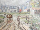un tableau représentant un homme marchant sur un chemin de terre avec un cheval et une calèche