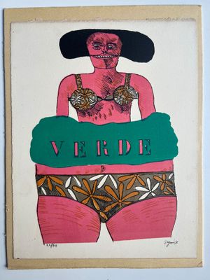 une image représentant un tableau d'une femme en bikini avec un panneau vert