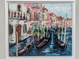 painting of gondolas in venice, italy in a white frame on a wall