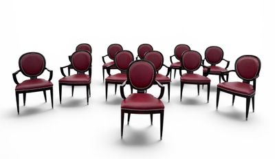 set of eight chairs with red upholstered leather seats