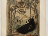 an old picture of a woman sitting in a garden