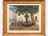 une peinture à l'huile représentant une fontaine devant un bâtiment avec un arbre