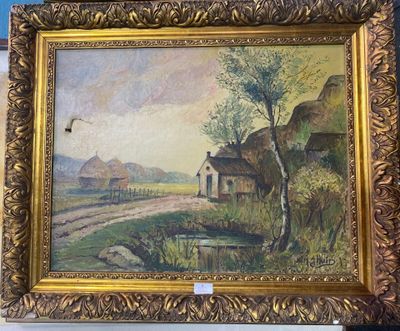 painting of a farm scene with a road and a house