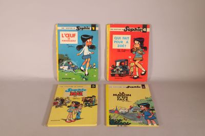 four children ' s books are lined up on a white surface