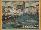 une peinture à l'huile représentant des bateaux dans un port avec des bâtiments à l'arrière-plan