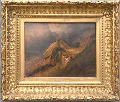 une image d'un tableau représentant une scène de montagne dans un cadre doré