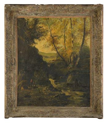 a painting of a river with trees and a bird in the foreground