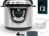 an image of a silver and black electric pressure cooker with a bowl and strainer