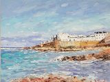 une peinture à l'huile représentant une vue de plage avec des bâtiments en arrière-plan