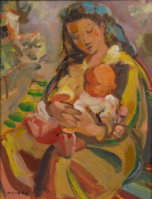 une peinture à l'huile représentant une femme tenant un bébé dans ses bras