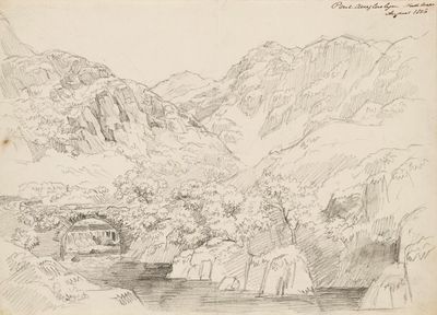 dessin représentant un paysage de montagne avec une rivière et un pont