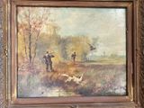 a picture of a painting of a man and a dog in a field