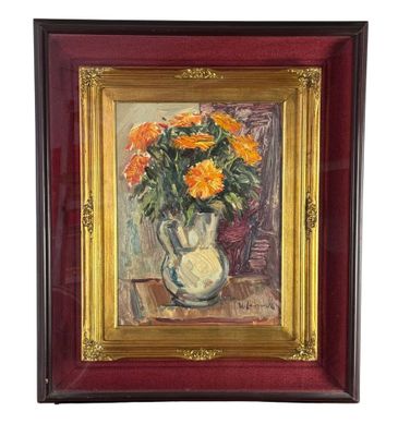 une peinture à l'huile représentant un vase de fleurs sur une table