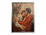 une peinture représentant une femme tenant un enfant sur ses genoux