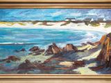 an oil painting of a beach scene with a sailboat in the distance