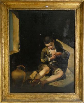 tableau représentant un garçon assis par terre, une bouteille à la main