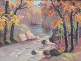 an oil painting of a river running through a forest filled with trees