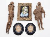 a picture of a statue, a picture of a woman and a picture of a man