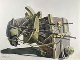 tableau représentant un cheval attaché à une caisse en bois à l'aide d'une corde