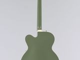 a green guitar hanging from the ceiling in a room