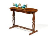a wooden table with two candles on top of it