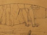 a drawing of a man holding a surfboard on the beach