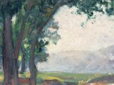 an oil painting of a field with trees and a dirt road