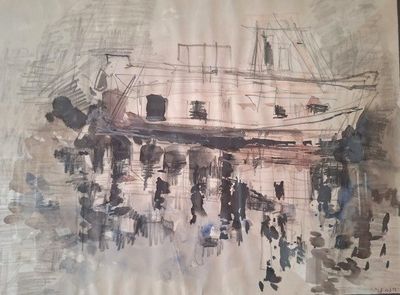 a painting of a boat that is sitting on the water
