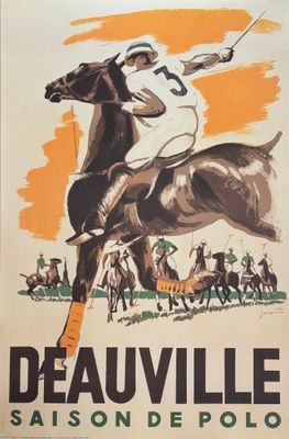 affiche vintage représentant un joueur de polo à cheval, avec un club de polo en arrière-plan