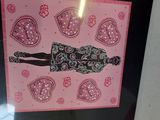 a picture of a picture of a woman in a dress on a pink background