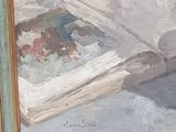 a painting of a book and a vase of flowers on a table