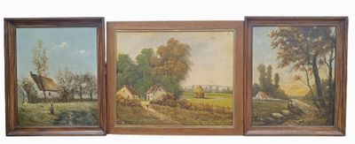 three paintings of a farm scene with cows in a field