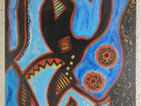 an abstract painting of a bird with a blue body and orange wings