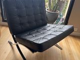 black leather barcelona chair in a living room next to a potted cacti plant