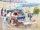 un tableau représentant des personnes sur un marché en plein air, avec des parapluies