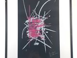 painting on a easel with a black background and a pink and white design