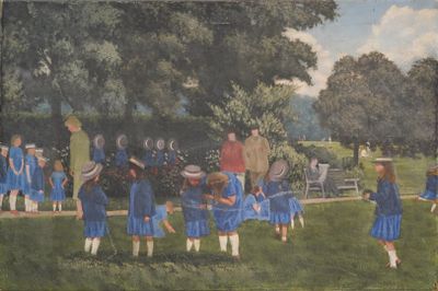 un tableau représentant un groupe d'enfants jouant dans un parc