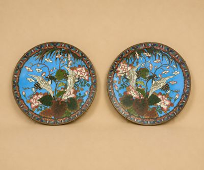 deux assiettes décoratives ornées d'oiseaux et de fleurs sur un fond beige