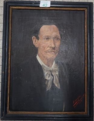 painting of a man in a suit and bow tie in a black frame