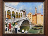 une peinture à l'huile représentant un pont enjambant une rivière, sur lequel se trouvent des personnes