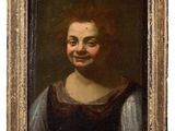 a painting of a smiling woman in a brown dress in a gold frame