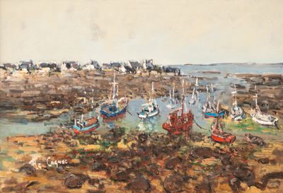 many boats that are sitting on the shore by the water
